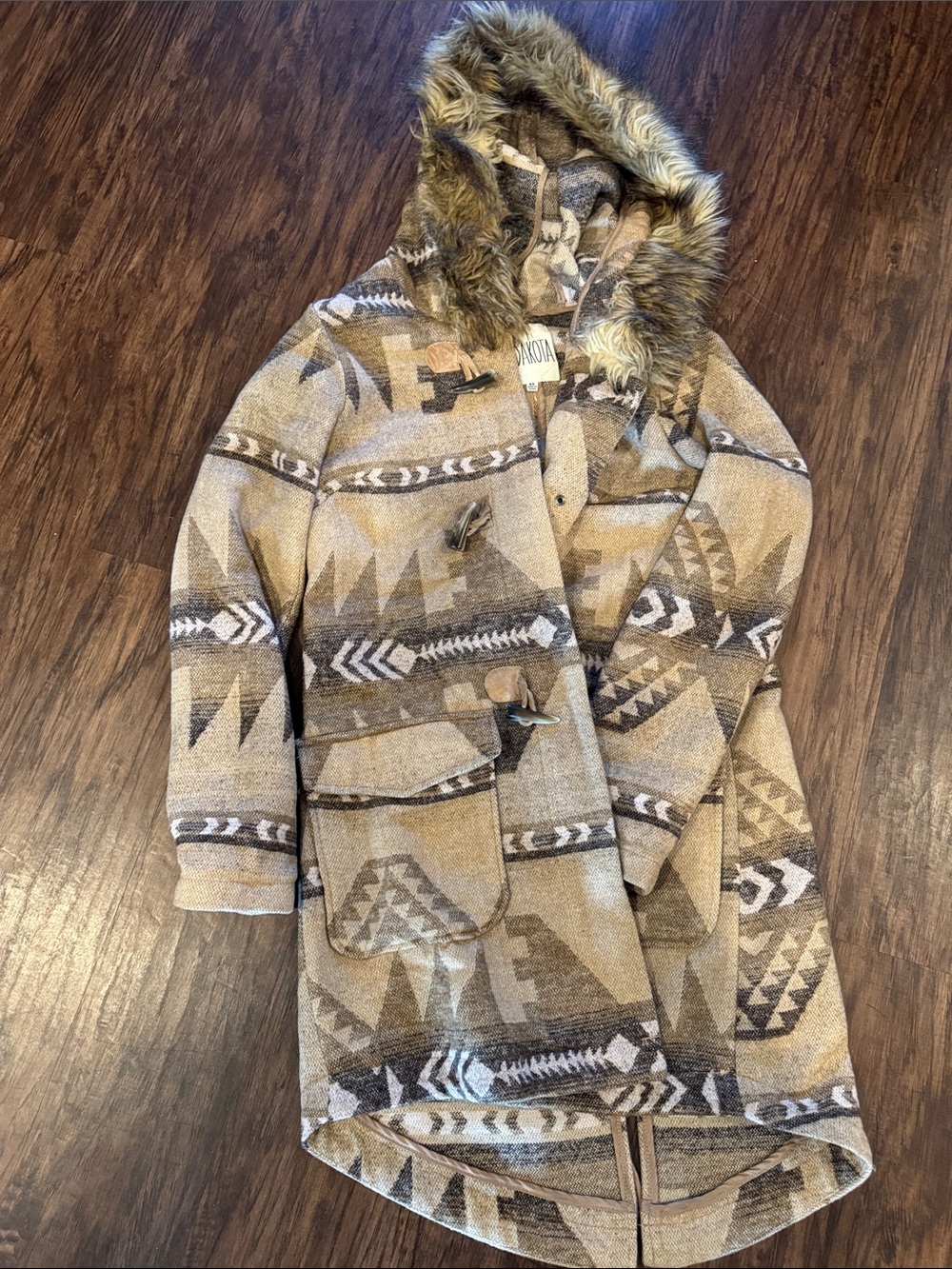 BB Dakota Aztec Toggle Coat with Faux Fur Hood - Beige & Brown